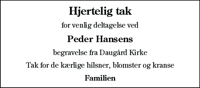 Dødsannonce for Peder Hansen
