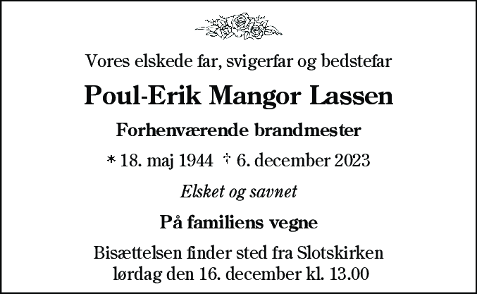 Dødsannonce for Poul-Erik Mangor Lassen