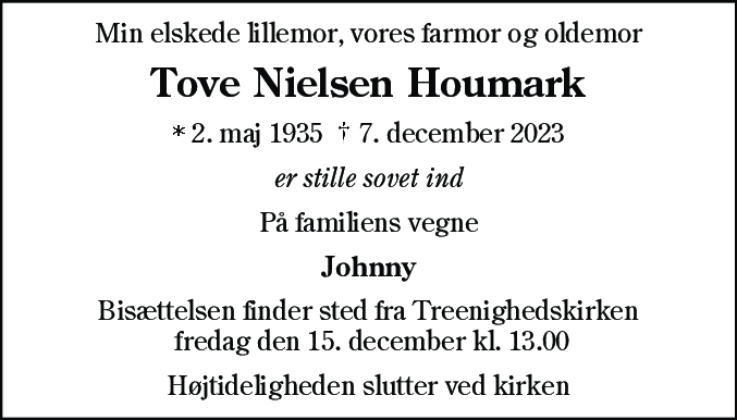 Dødsannonce for Tove Nielsen Houmark