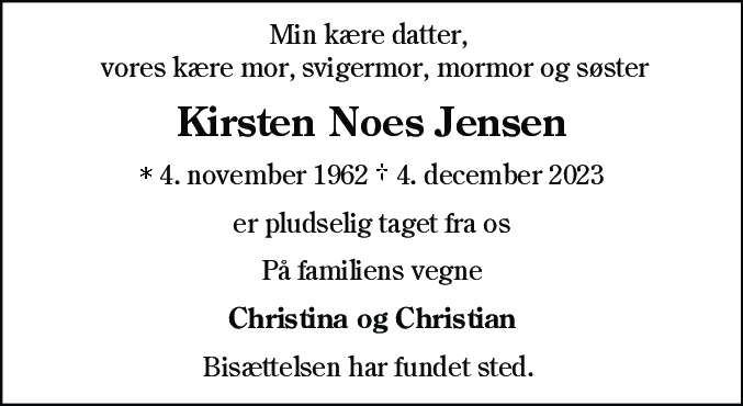 Dødsannonce for Kirsten Noes Jensen