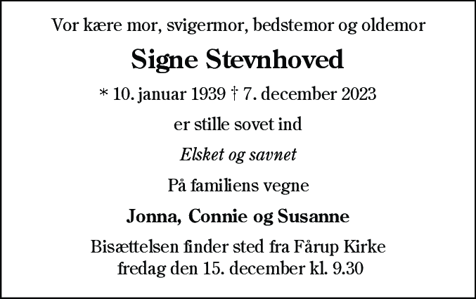 Dødsannonce for Signe Stevnhoved