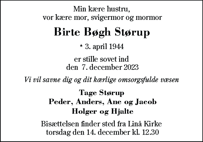 Dødsannonce for Birte Bøgh Størup