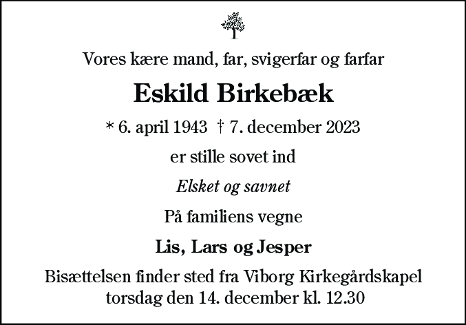 Dødsannonce for Eskild Birkebæk