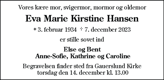 Dødsannonce for Eva Marie Kirstine Hansen