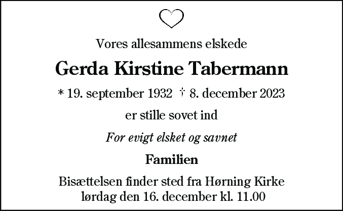 Dødsannonce for Gerda Kirstine Tabermann