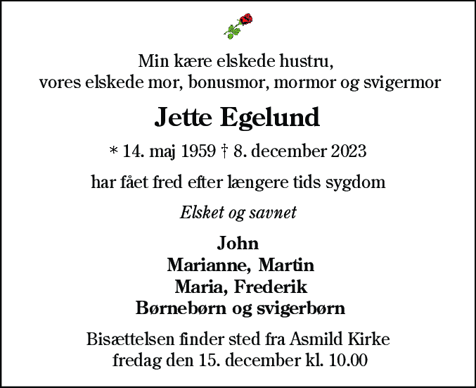 Dødsannonce for Jette Egelund