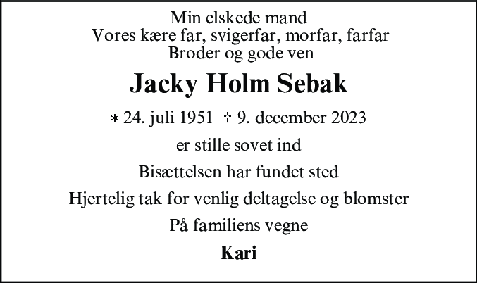 Dødsannonce for Jacky Holm Sebak