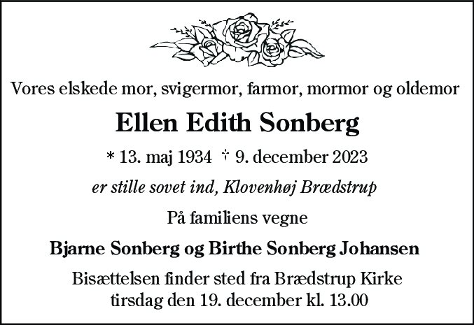 Dødsannonce for Ellen Edith Sonberg