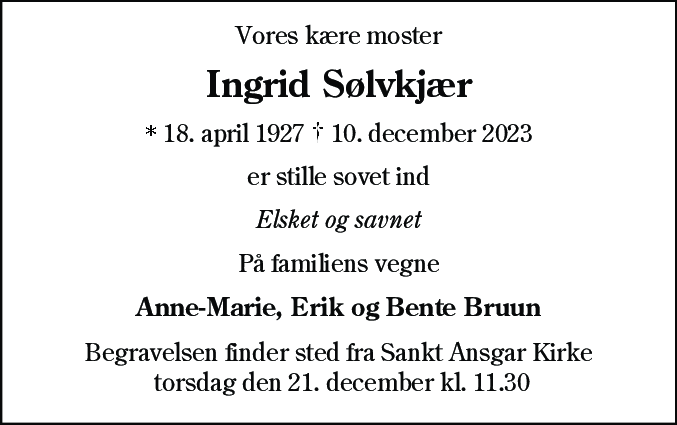 Dødsannonce for Ingrid Sølvkjær