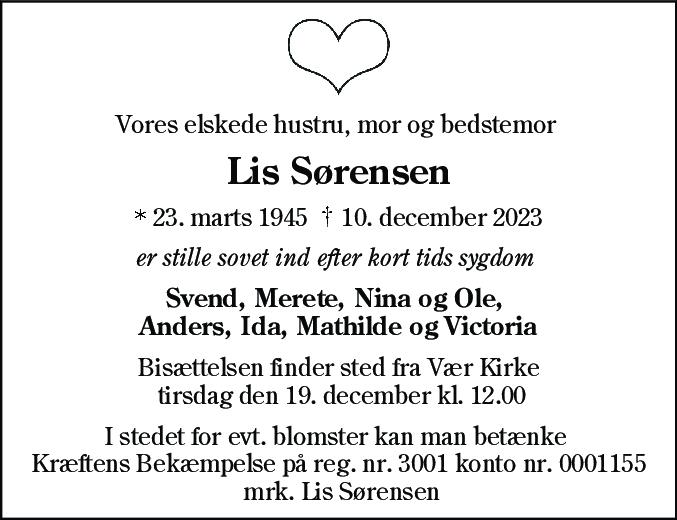 Dødsannonce for Lis Sørensen