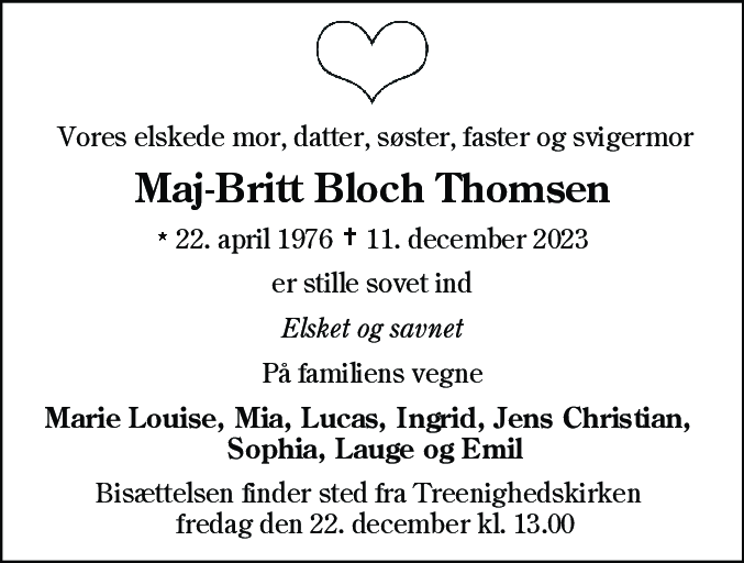 Dødsannonce for Maj-Britt Bloch Thomsen