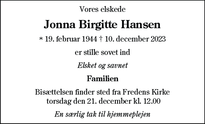 Dødsannonce for Jonna Birgitte Hansen