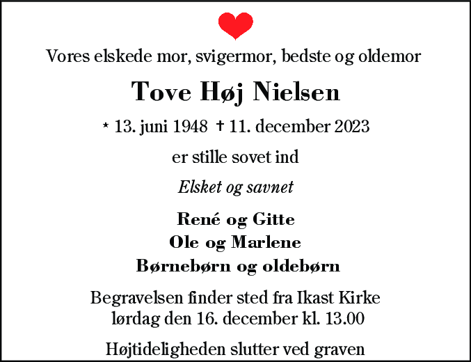 Dødsannonce for Tove Høj Nielsen
