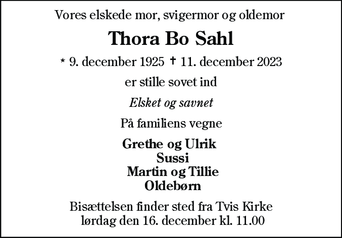 Dødsannonce for Thora Bo Sahl