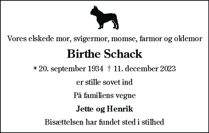 Dødsannonce for Birthe Schack