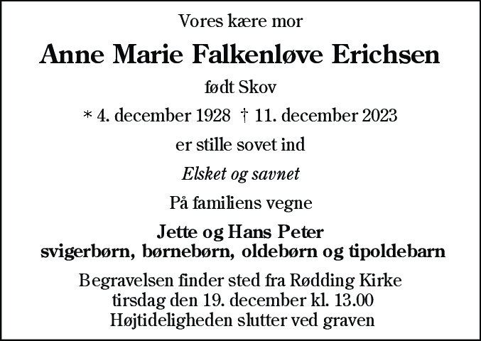 Dødsannonce for Anne Marie Falkenløve Erichsen