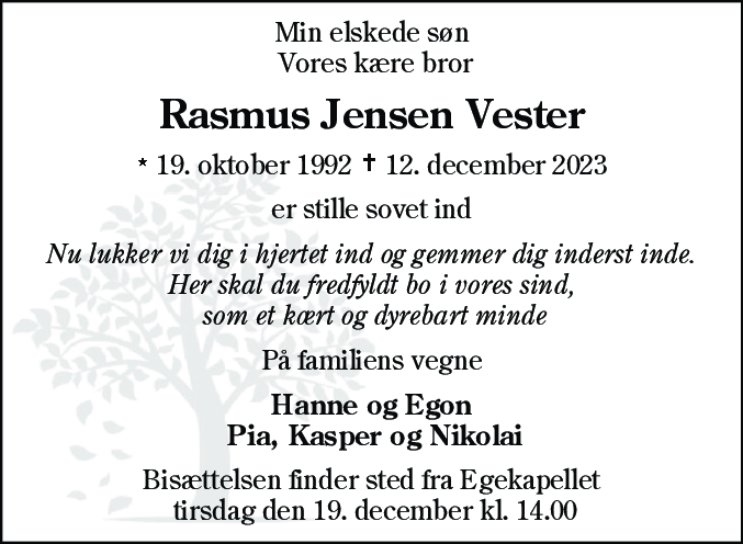 Dødsannonce for Rasmus Jensen Vester