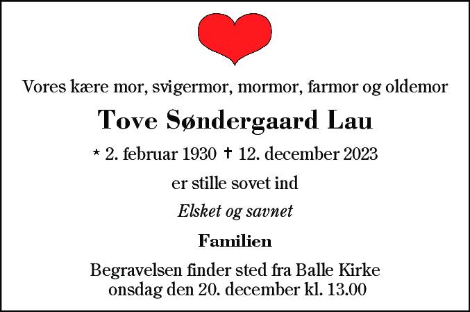 Dødsannonce for Tove Søndergaard Lau