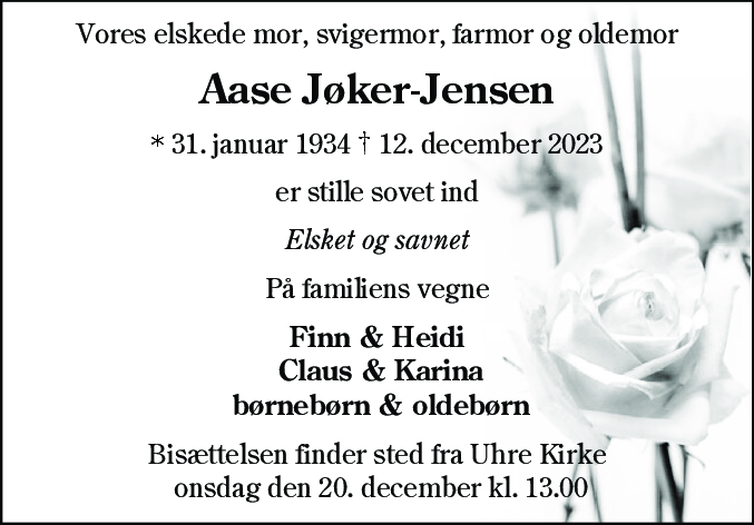 Dødsannonce for Aase Jøker-Jensen