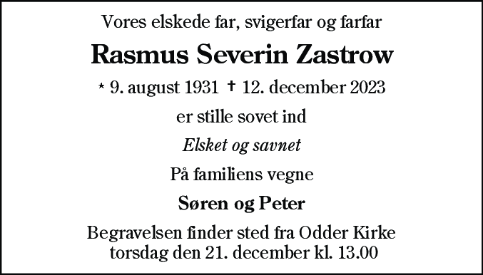 Dødsannonce for Rasmus Severin Zastrow