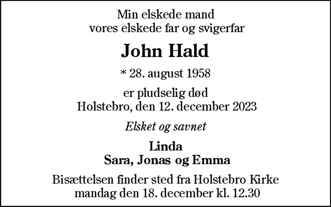 Dødsannonce for John Hald