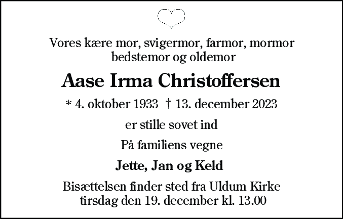 Dødsannonce for Aase Irma Christoffersen