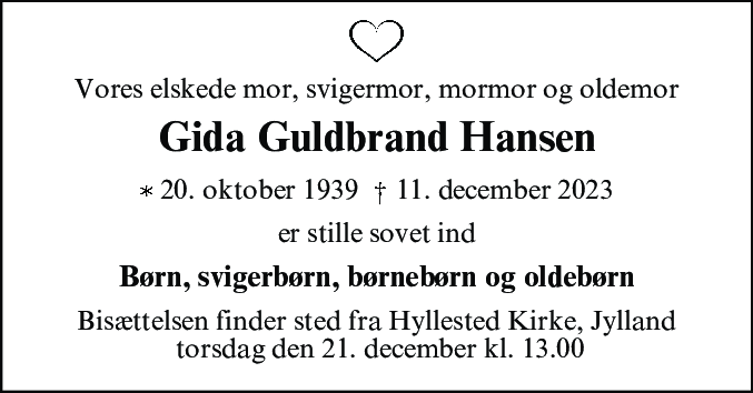 Dødsannonce for Gida Guldbrand Hansen