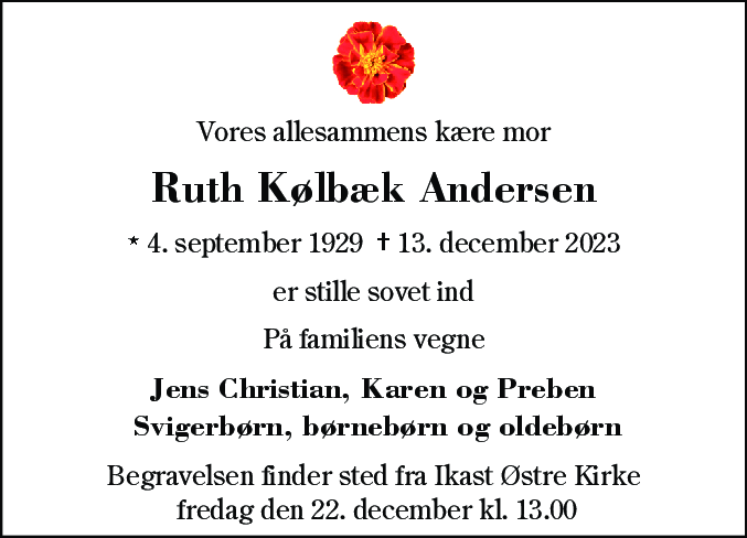 Dødsannonce for Ruth Kølbæk Andersen