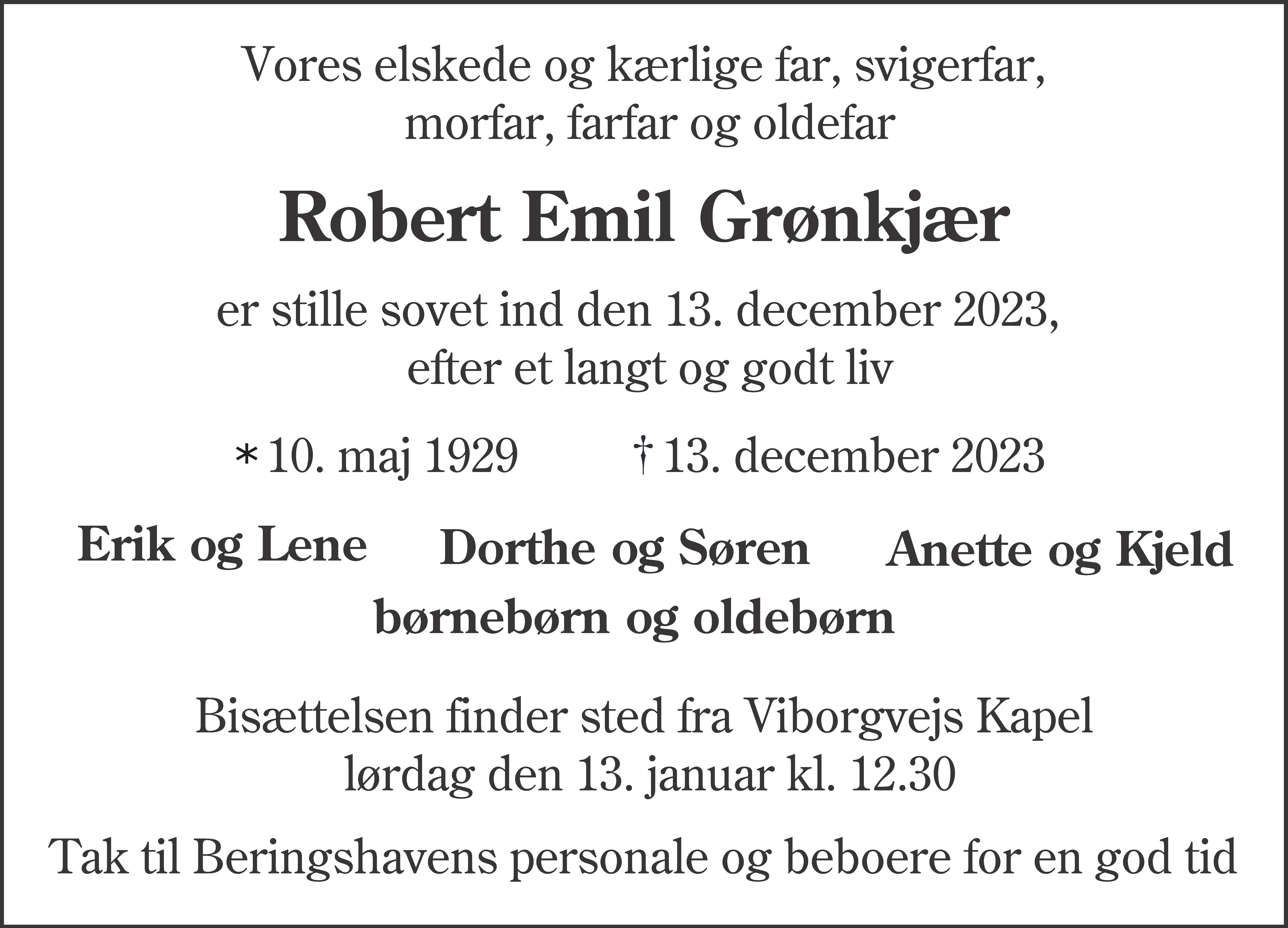 Dødsannonce for Robert Emil Grønkjær