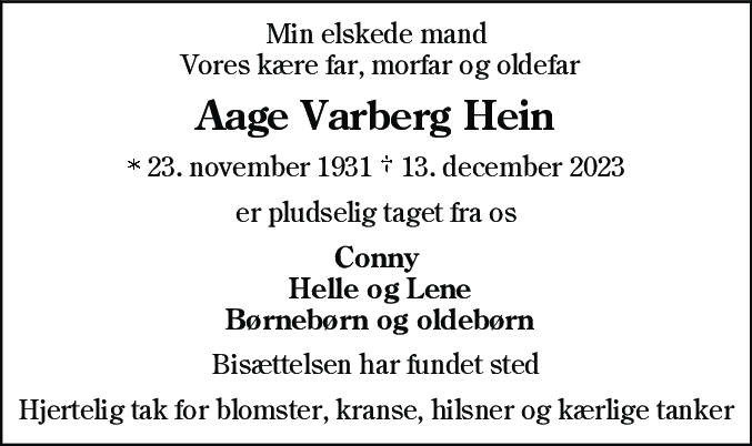 Dødsannonce for Aage Varberg Hein