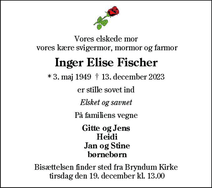 Dødsannonce for Inger Elise Fischer