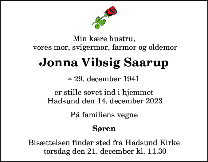 Dødsannonce for Jonna Vibsig Saarup