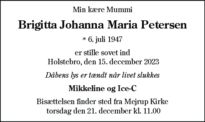 Dødsannonce for Brigitta Johanna Maria Petersen