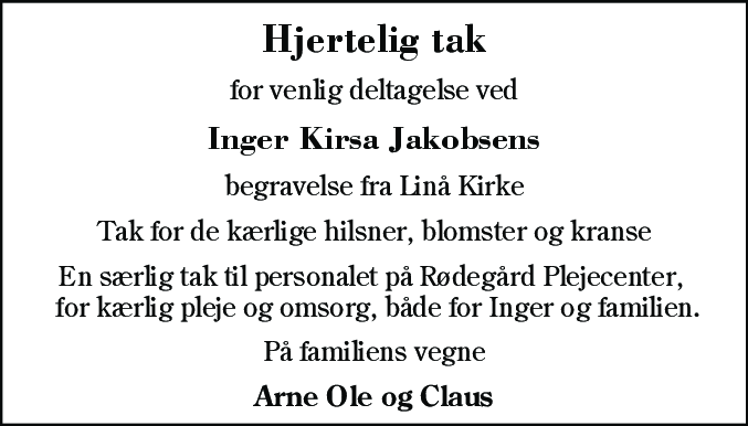 Dødsannonce for Inger Kirsa Jakobsen