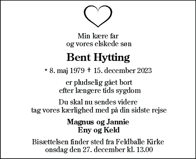 Dødsannonce for Bent Hytting