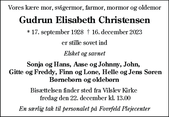 Dødsannonce for Gudrun Elisabeth Christensen