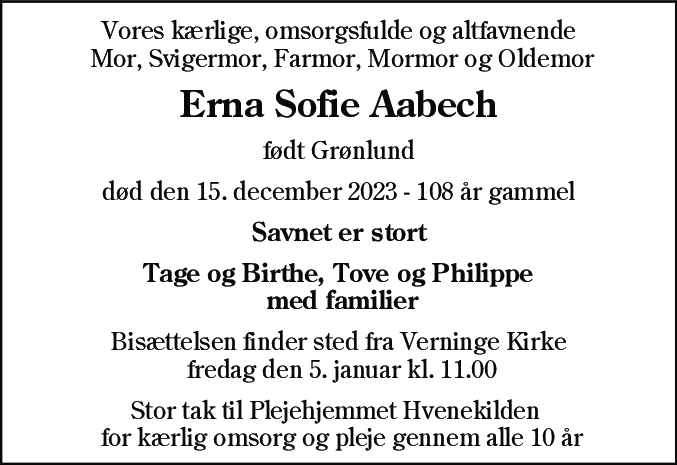 Dødsannonce for Erna Sofie Aabech