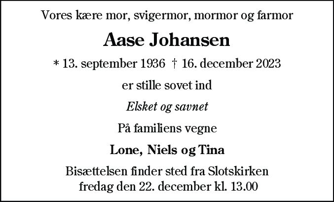Dødsannonce for Aase Johansen