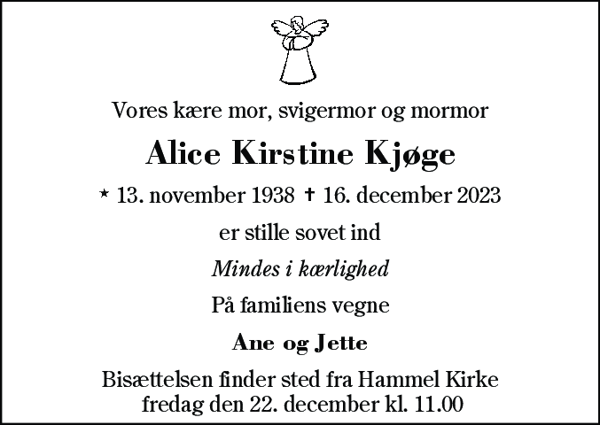 Dødsannonce for Alice Kirstine Kjøge