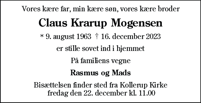 Dødsannonce for Claus Krarup Mogensen
