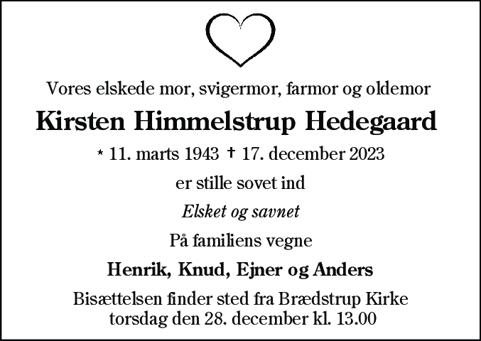 Dødsannonce for Kirsten Himmelstrup Hedegaard Jensen