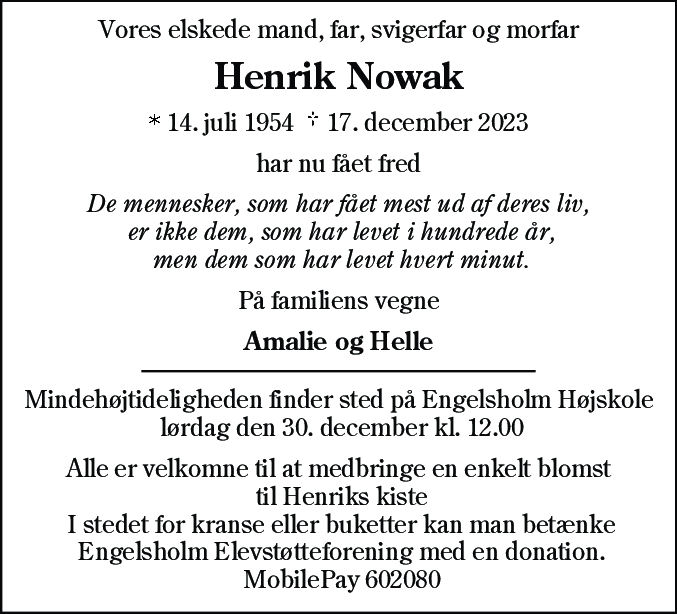 Dødsannonce for Niels Henrik Nowak