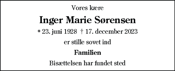 Dødsannonce for Inger Marie Sørensen