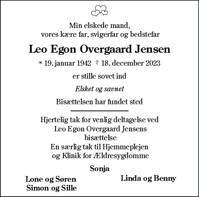 Dødsannonce for Leo Egon Overgaard Jensen