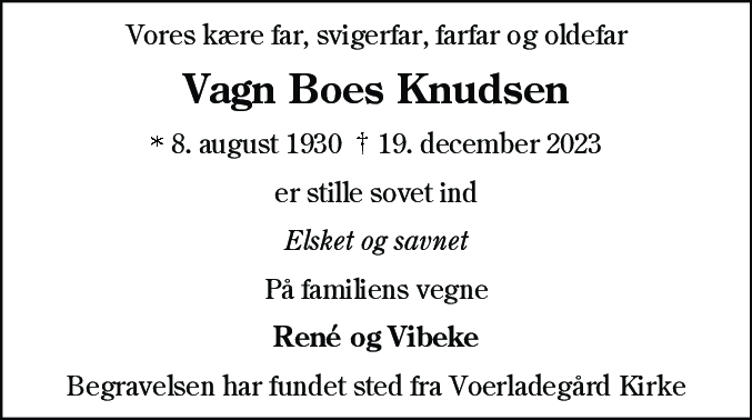 Dødsannonce for Vagn Boes Knudsen