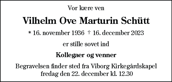 Dødsannonce for Vilhelm Ove Marturin Schütt
