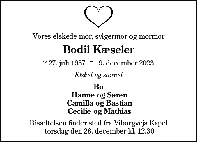 Dødsannonce for Bodil Margrethe Kæseler