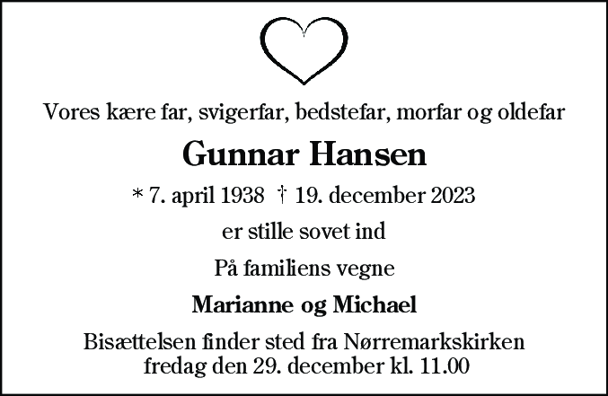 Dødsannonce for Gunnar Hansen