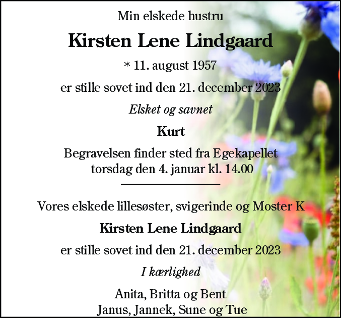 Dødsannonce for Kirsten Lene Lindgaard