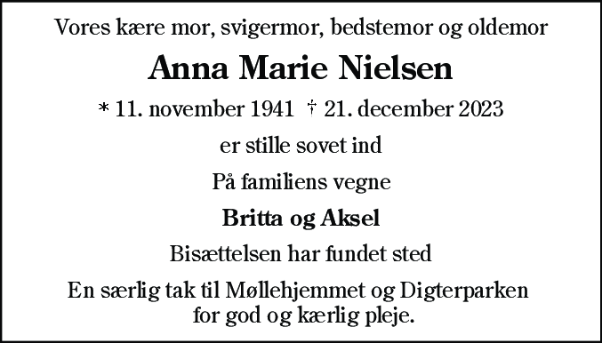 Dødsannonce for Anna Marie Nielsen